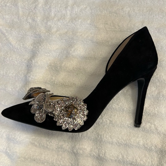 Jessica Simpson velvet like black heels embellished with silver flower details. - Picture 2 of 8
